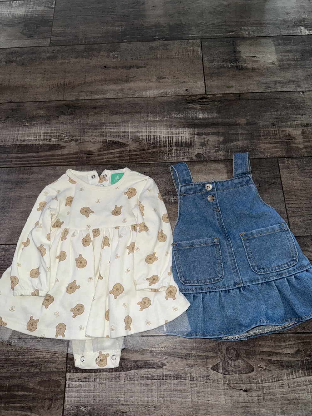 Baby Bear Print Bodysuit Dress + Denim Pinafore Set - Cream & Blue
